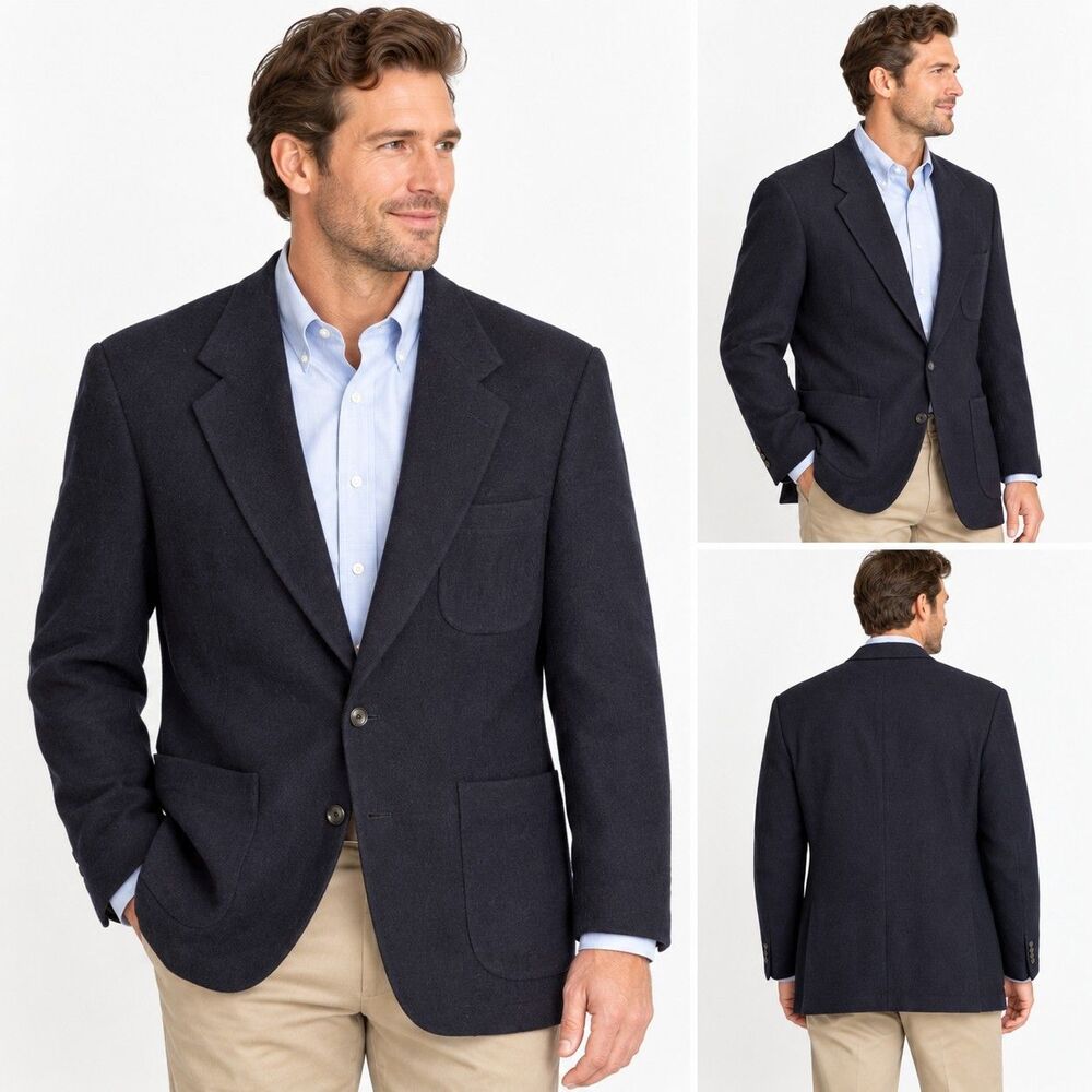 Eddie Bauer Mens 44L Blazer 100% Camel Hair Navy USA Made Sport Coat Vintage